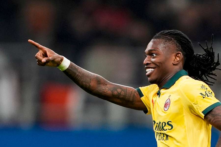 Rafael Leao celebrates scoring for AC Milan against Fiorentina