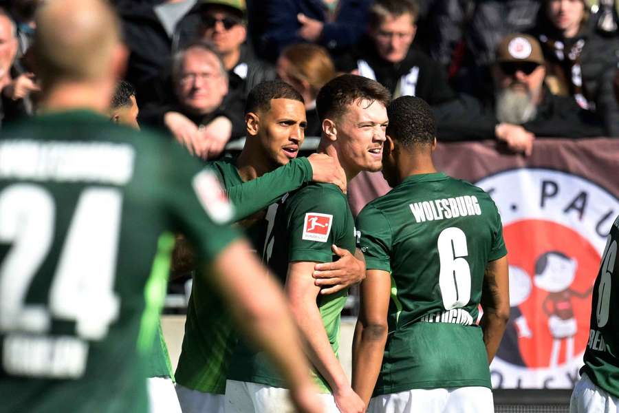 Wolfsburg's Dzenan Pejcinovic celebrates his goal against St Pauli
