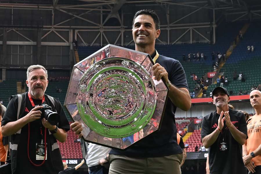Mikel Arteta celebrates Arsenal's victory in the Community Shield