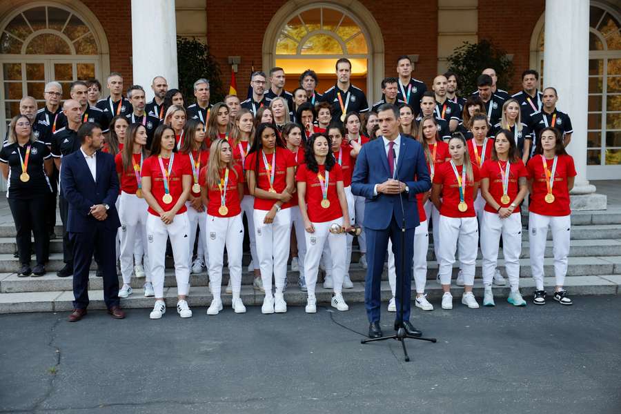 Spain's prime minister Pedro Sanchez gives a speech during the ceremony