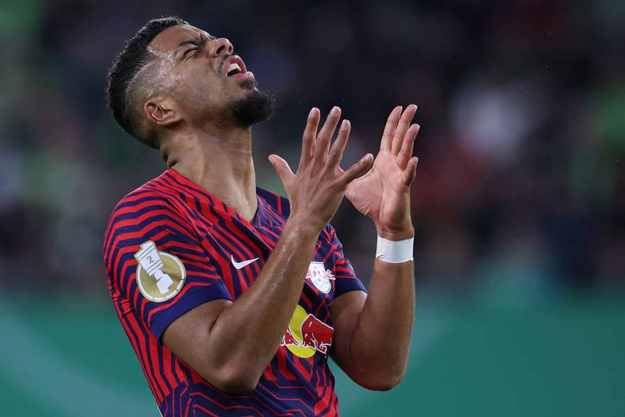 Leipzig's Benjamin Henrichs reacts to a missed chance during their German Cup defeat to VfL Wolfsburg