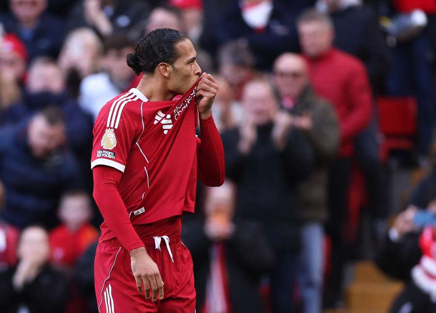 Liverpool's Virgil van Dijk celebrates scoring against West Ham Liverpool's Virgil van Dijk celebrates scoring against West Ham