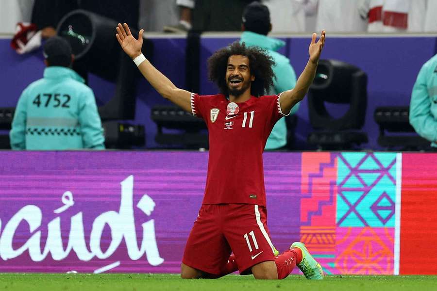 Qatar's Akram Afif celebrates after winning the AFC Asian Cup