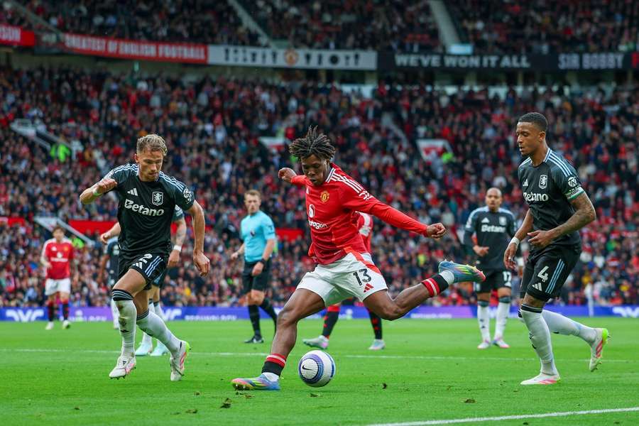 Manchester United's Patrick Dorgu shoots at goal during the game against Aston Villa Manchester United's Patrick Dorgu shoots at goal during the game against Aston Villa