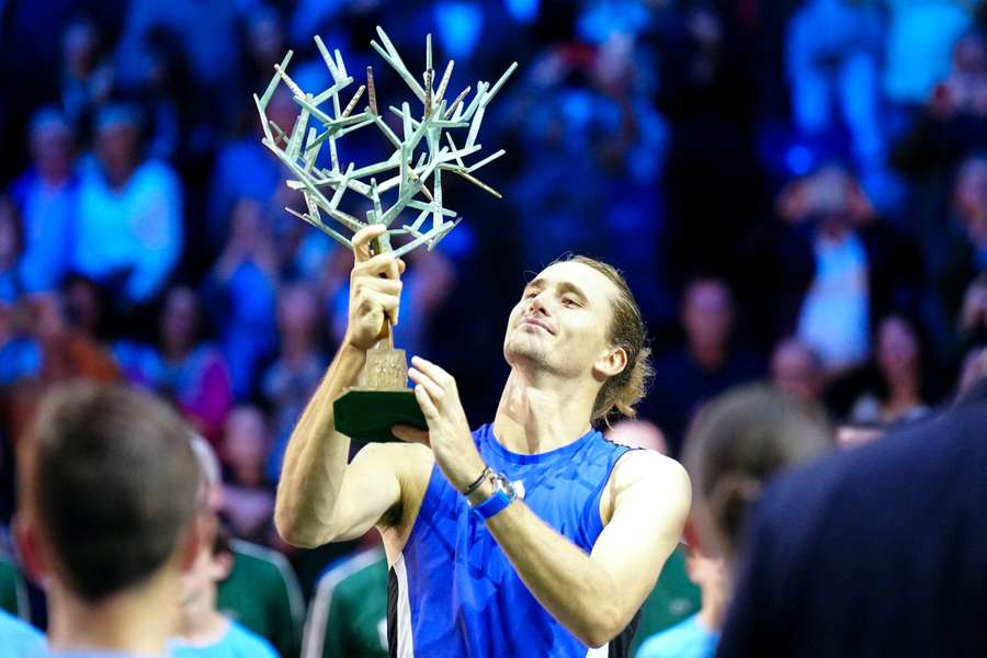 Germany's Alexander Zverev holds the trophy after winning against France's Ugo Humbert