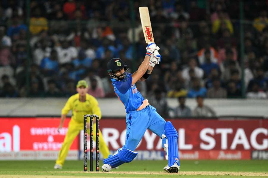 India's Virat Kohli plays a shot during the third Twenty20 international cricket match against Australia in Hyderabad.