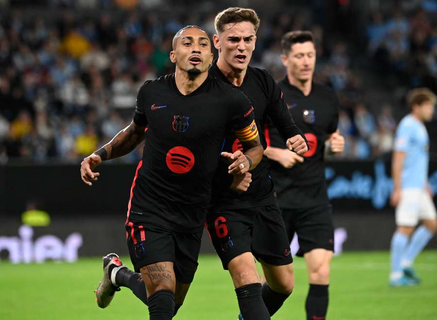 Barcelona's Raphinha celebrates scoring his team's first goal