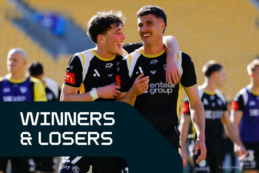 Nathan Walker (L) and Riley Bidois (R) celebrate Wellington's Round 1 win over Melbourne Victory.