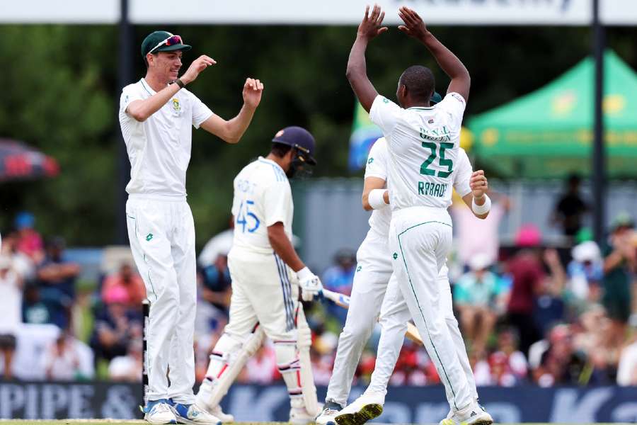 Rabada celebrates dismissing Rohit