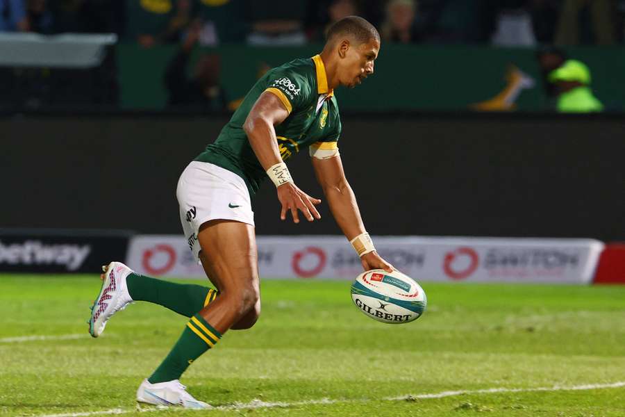 South Africa's Manie Libbok scores a try against Australia back in July