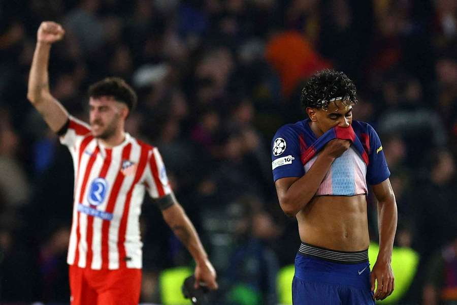 Barcelona's Lamine Yamal looks dejected as Atletico Madrid's Matteo Ruggeri celebrates after the first-leg win Barcelona's Lamine Yamal looks dejected as Atletico Madrid's Matteo Ruggeri celebrates after the first-leg win