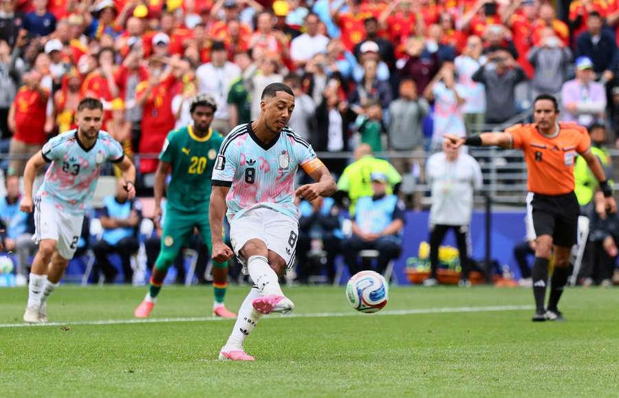 Youri Tielemans taking the penalty that won the game for Belgium.