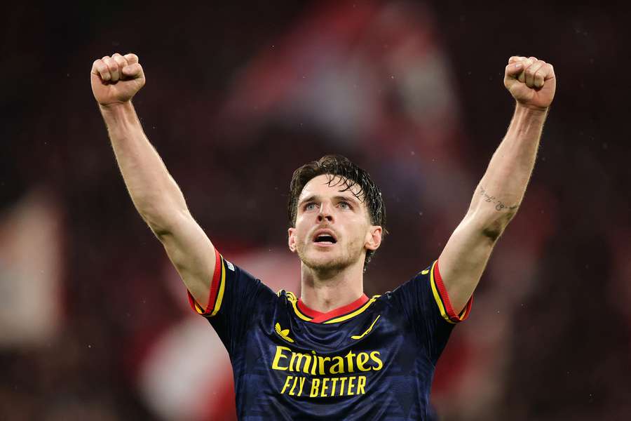 Declan Rice celebrates after scoring in Munich