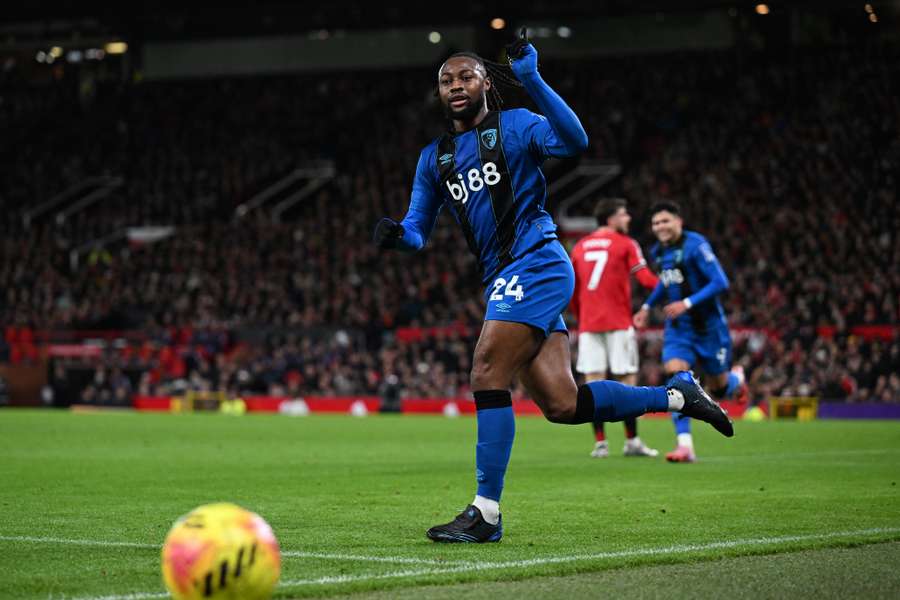 Semenyo celebrating goal at Old Trafford Semenyo celebrating goal at Old Trafford