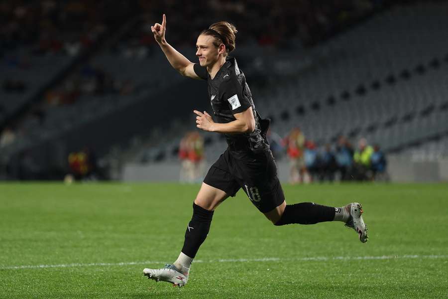New Zealand's Ben Waine celebrates a goal scored against Chile in the recent FIFA Series.