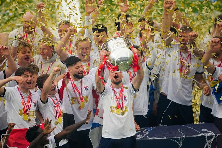 AGF's players celebrate winninng the Danish Championship at Ceres Park Vejlby after the Superliga match between AGF and Viborg FF