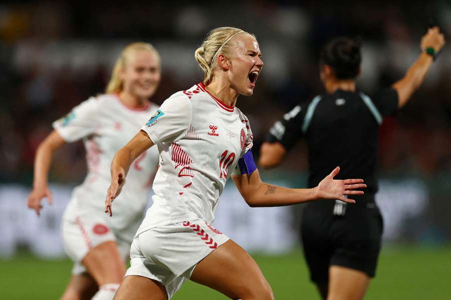 Pernille Harder celebrates scoring for Denmark