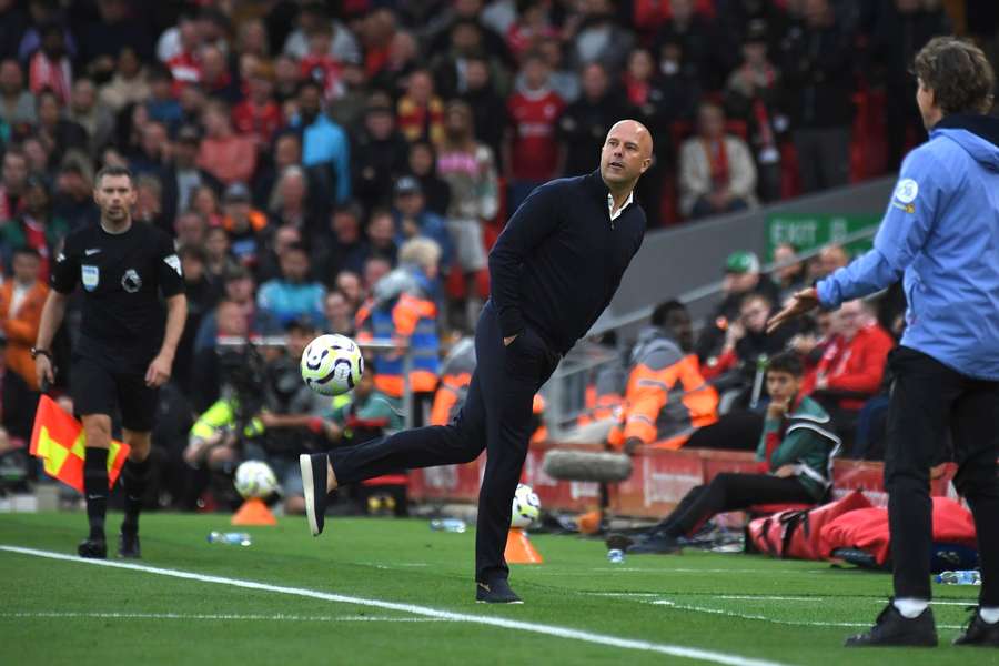 Arne Slot kicks the ball during the English Premier League soccer match between Liverpool and Brentford