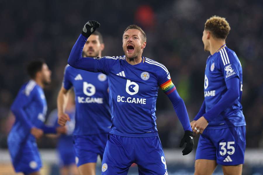 Jamie Vardy celebrates scoring Leicester's opening goal after just two minutes