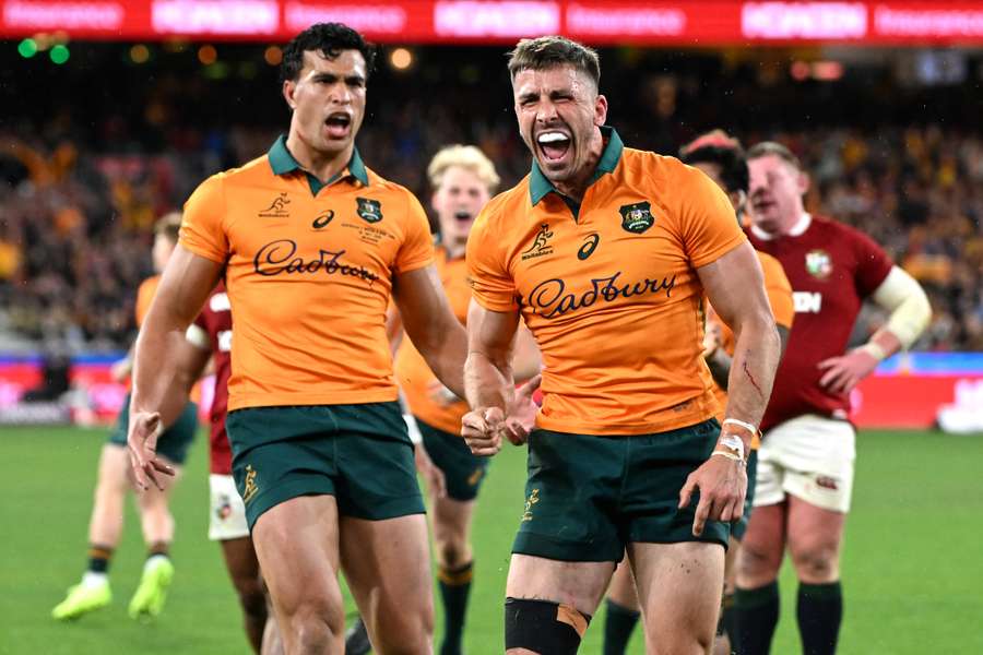 Jake Gordon reacts to scoring a try against the British & Irish Lions.