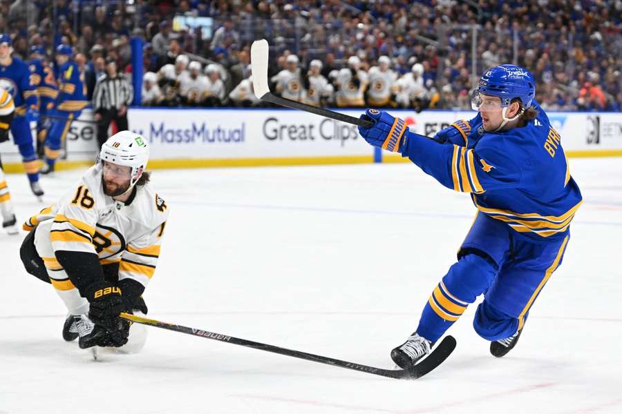 Sabres'  Bowen Byram takes a shot during Game 1 of 2026 Stanley Cup Playoffs first round