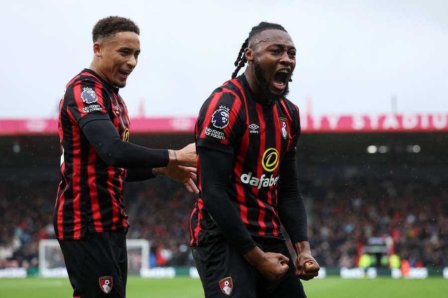 Antoine Semenyo celebrates after giving Bournemouth the lead