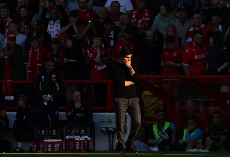 Arsenal's Spanish manager Mikel Arteta reacts during the English Premier League football match between Nottingham Forest and Arsenal