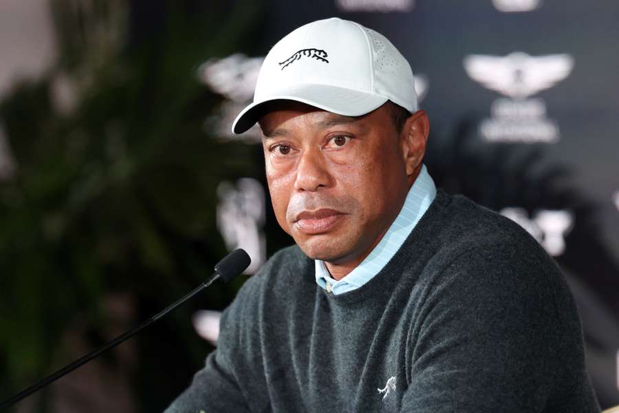 Tiger Woods speaks to the media during a press conference at Riviera Country Club