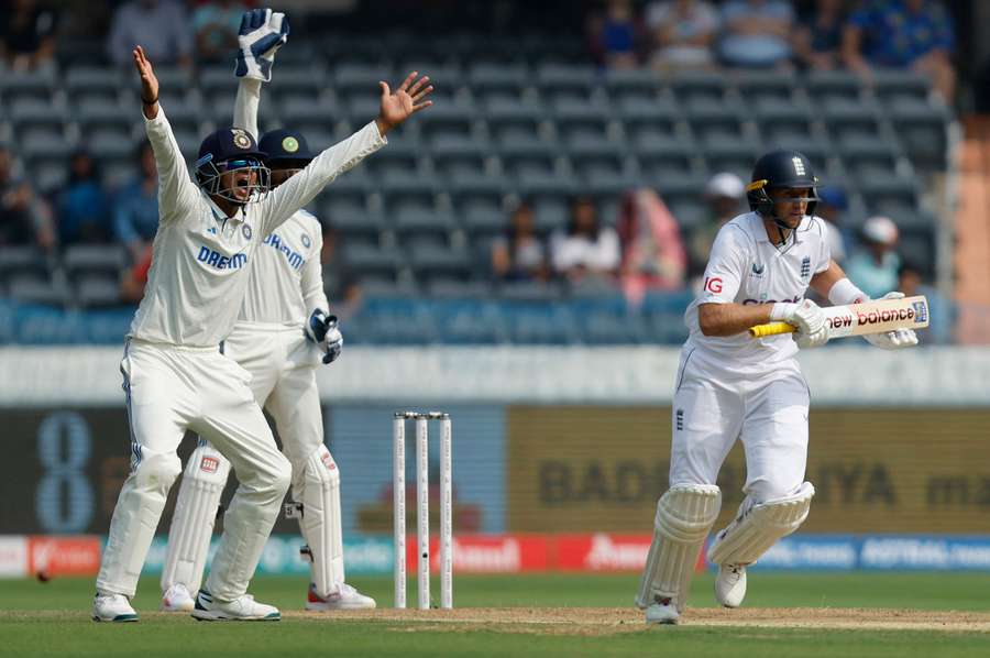 India's Yashasvi Jaiswal appeals unsuccessfully for the wicket of England's Joe Root