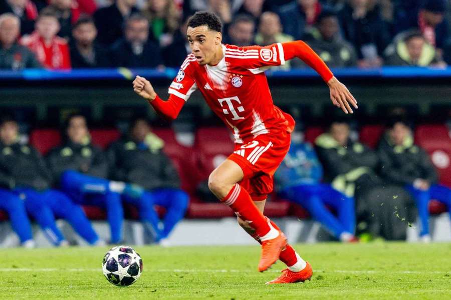 Jamal Musiala in action against Real Madrid in the Champions League