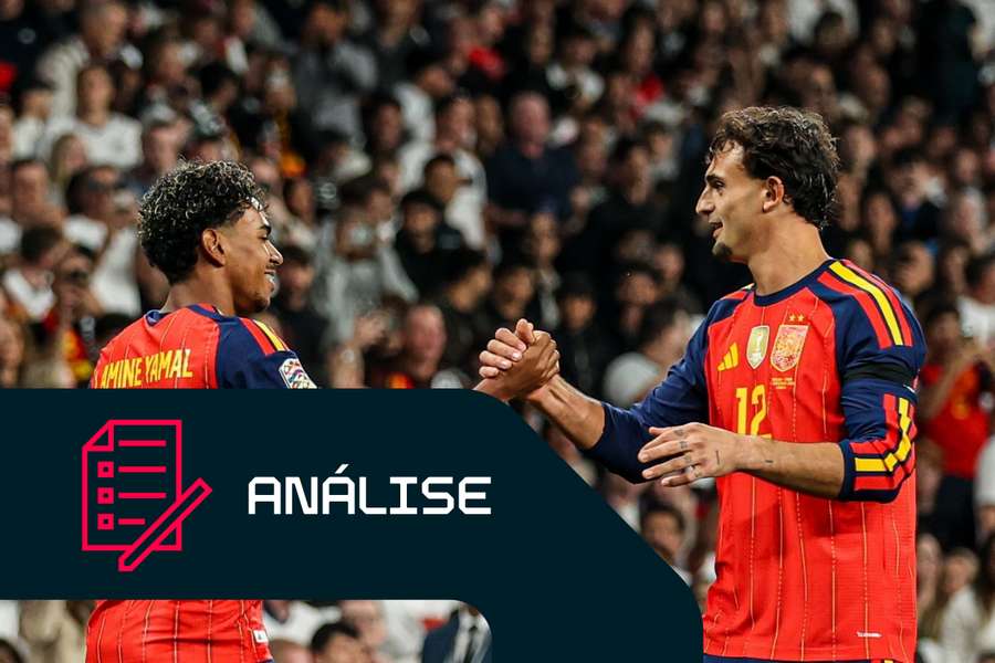 Lamine Yamal e Marc Pubill, da Espanha, festejam um golo Lamine Yamal e Marc Pubill, da Espanha, festejam um golo