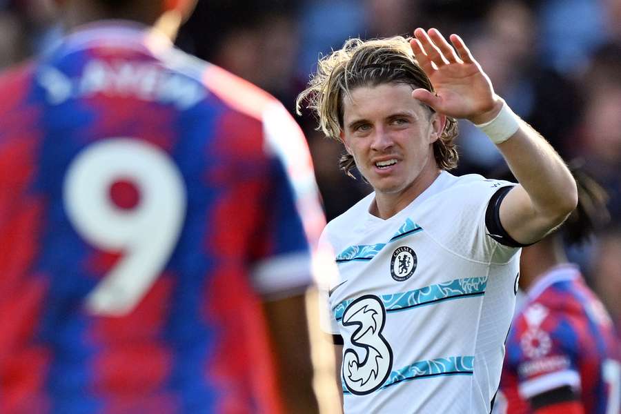 Chelsea's English midfielder Conor Gallagher celebrates scoring his team's second goal 