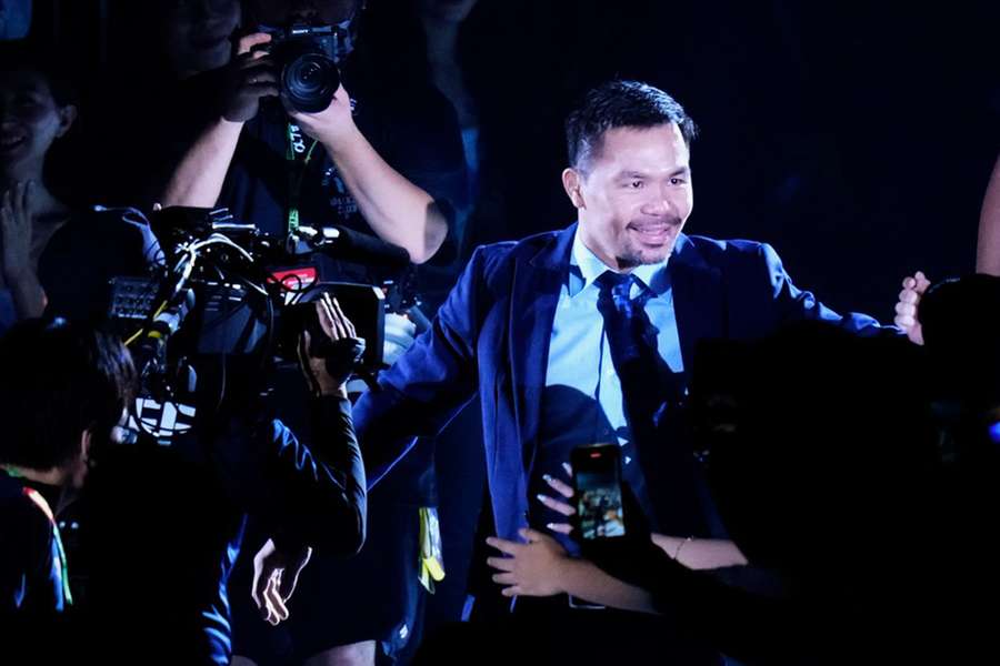 Retired Filipino boxing hero Manny Pacquiao at an exhibition match between boxer Floyd Mayweather and mixed martial artist Mikuru Asakura