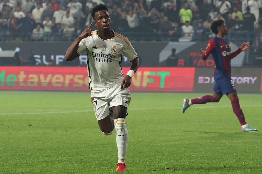 Vinicius Jr celebrates scoring his second goal Vinicius Jr celebrates scoring his second goal