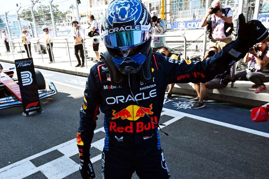 Red Bull Racing's Dutch driver Max Verstappen celebrates the pole position