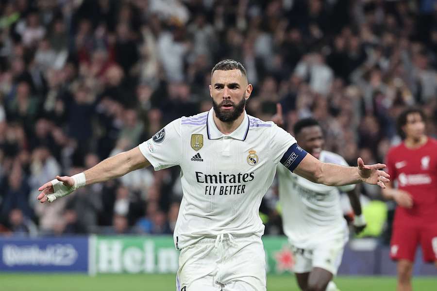 Karim Benzema celebrates scoring against Liverpool