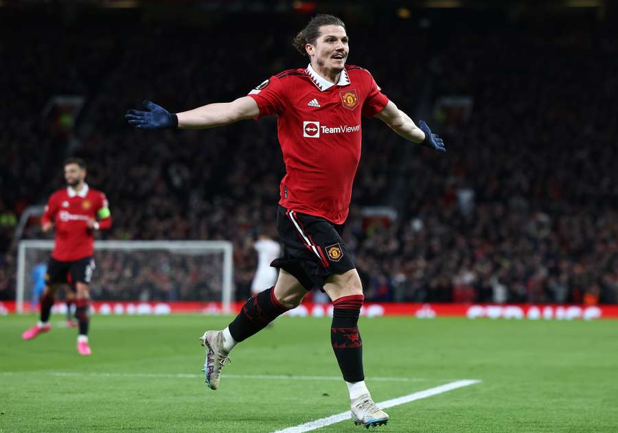 Manchester United's Austrian midfielder Marcel Sabitzer celebrates scoring the team's second goal