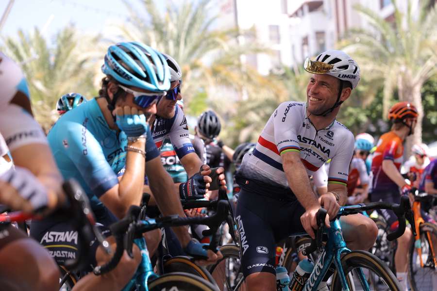 Ready for the road: Mark Cavendish (R) in Muscat on Friday ahead of the Tour of Oman