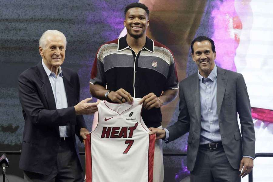 Pat Riley (left), Giannis (center), and Erik Spoelstra (right)