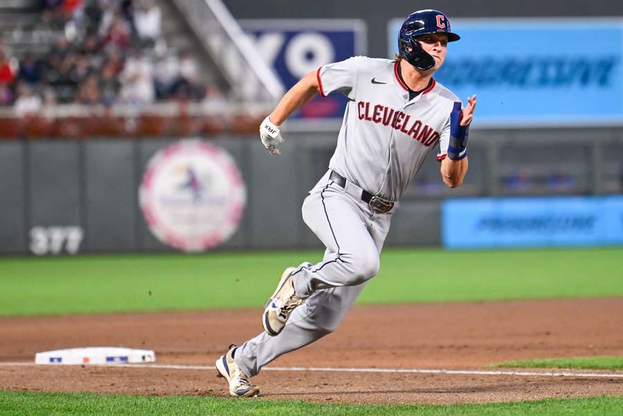 Cleveland Guardians' Petey Halpin rounds third base (2025)