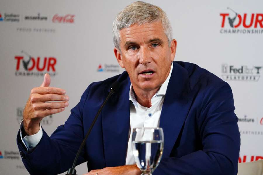 Jay Monahan addresses the media during a press conference in the Clubhouse Ballroom at East Lake Golf Club