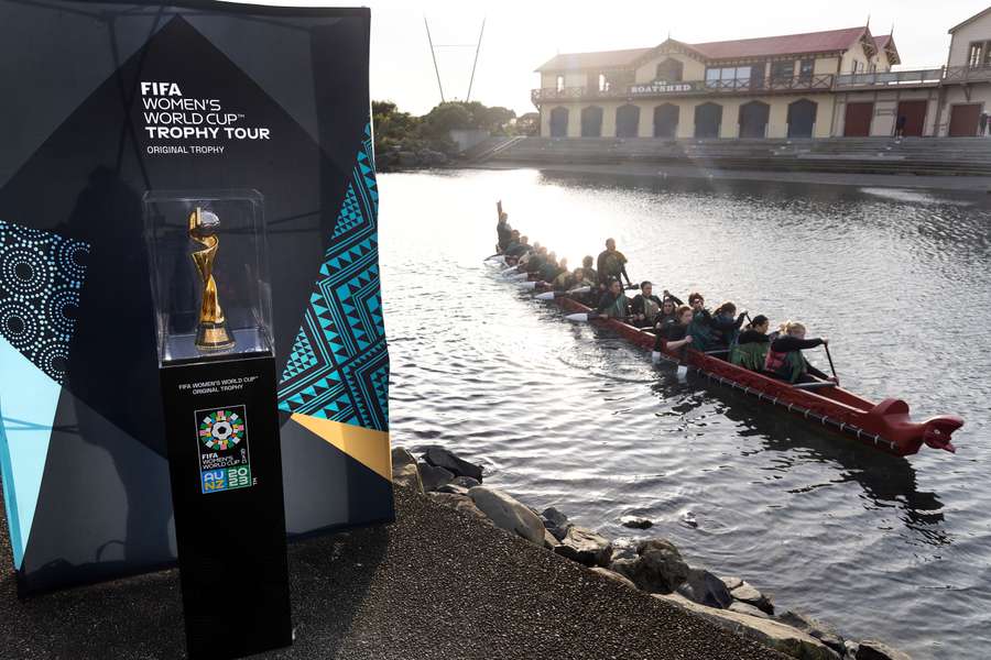 The Women's Football World Cup trophy is displayed in Wellington