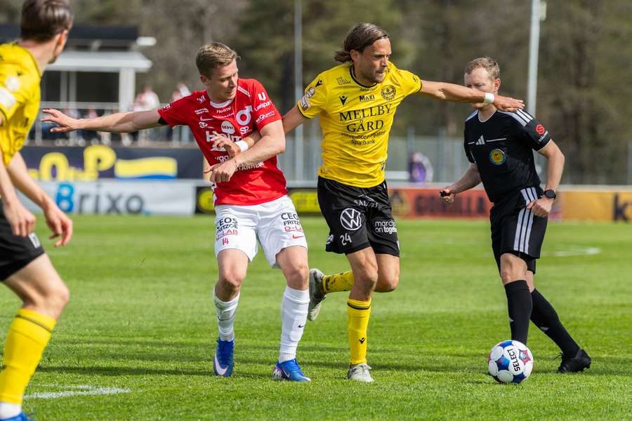 Mjallby scorer Tom Pettersson protects the ball at Degerfors