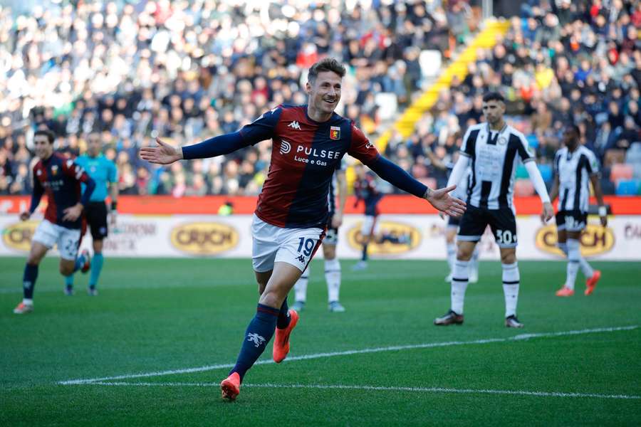 Andrea Pinamonti of Genoa celebrates scoring the opening goal 