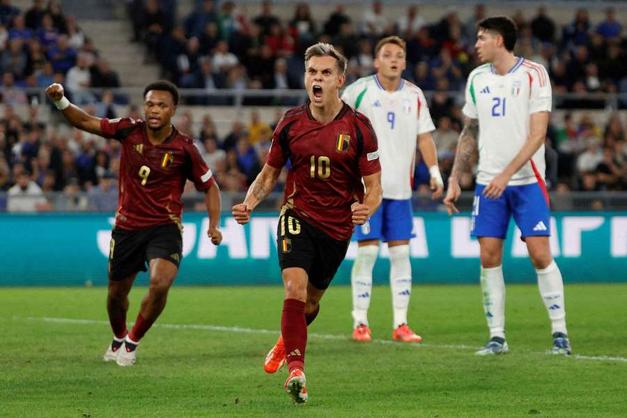 Leandro Trossard celebrates a goal for Belgium