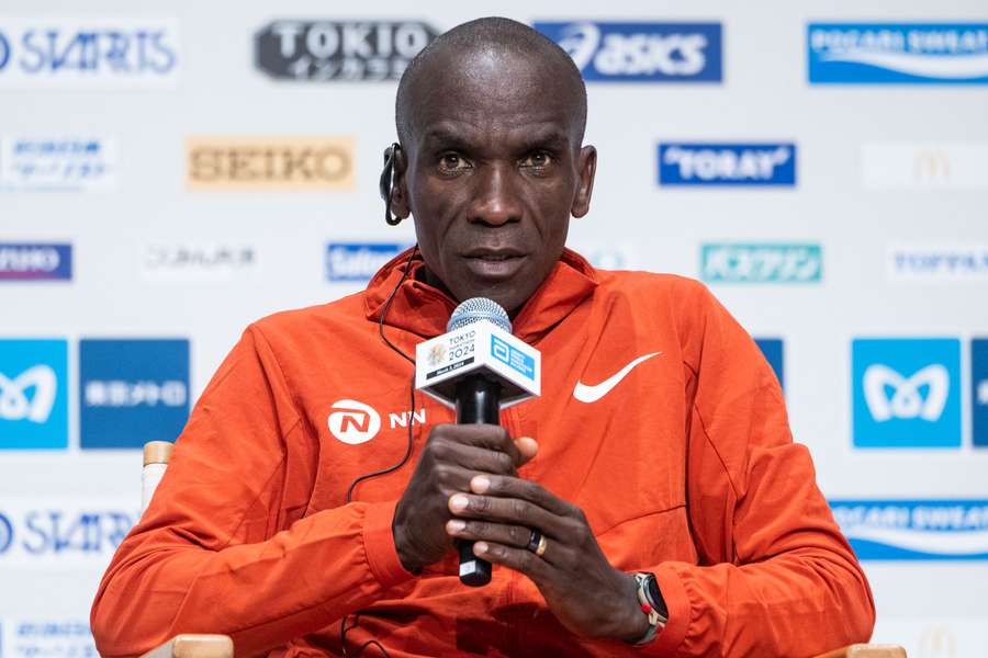 Eliud Kipchoge speaks during a press conference for the Tokyo Marathon 2024