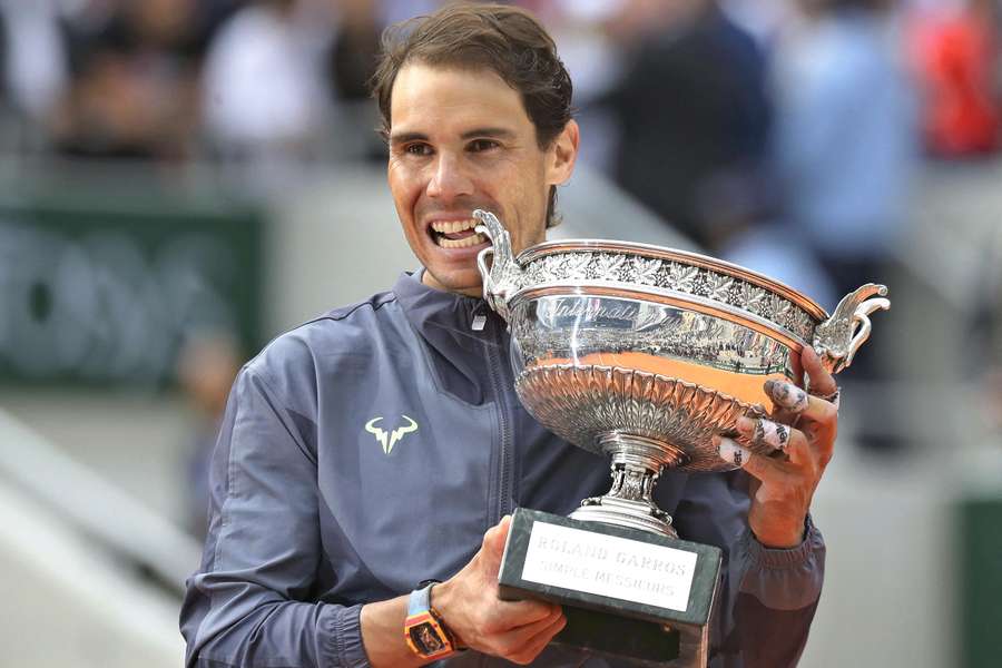 Rafael Nadal holds the trophy after winning the the French Open in 2019