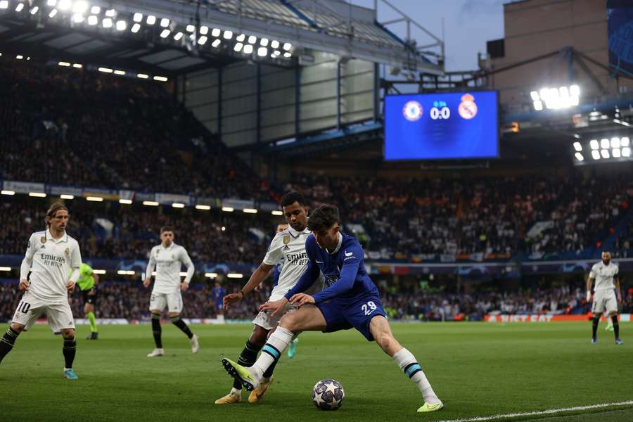 Real Madrid's Brazilian striker Rodrygo Goes vies with Chelsea's German midfielder Kai Havertz during the Champions League quarter-final second-leg football match Real Madrid's Brazilian striker Rodrygo Goes vies with Chelsea's German midfielder Kai Havertz during the Champions League quarter-final second-leg football match