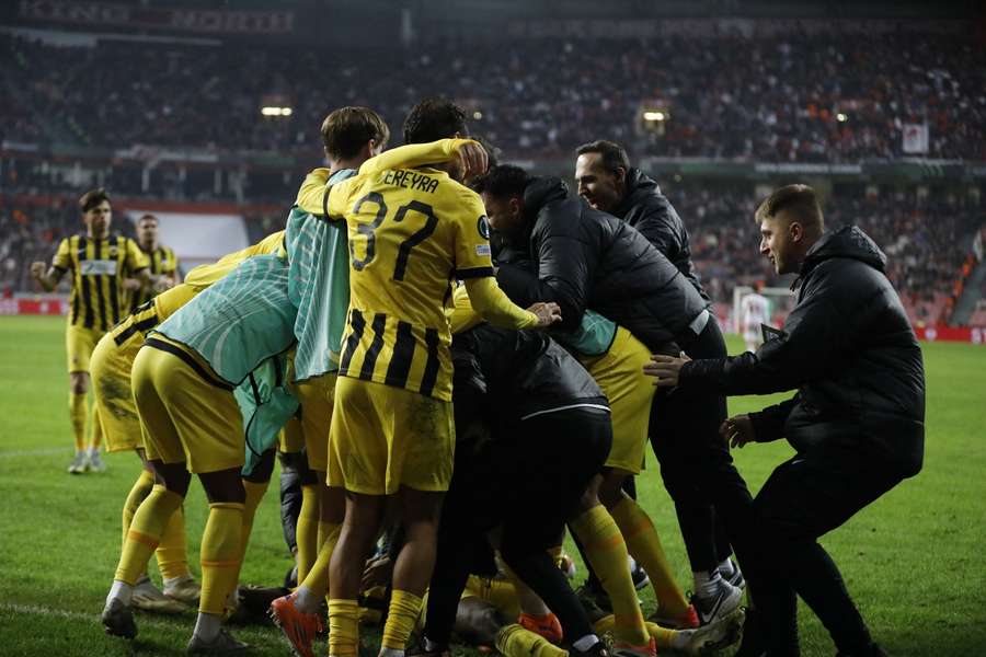 AEK Athens celebrate handing Samsunspor their first loss in the UEFA Conference League. AEK Athens celebrate handing Samsunspor their first loss in the UEFA Conference League.