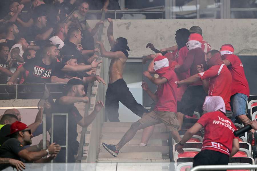 FC Koln and Nice's supporters fight ahead of their UEFA Europa Conference League match